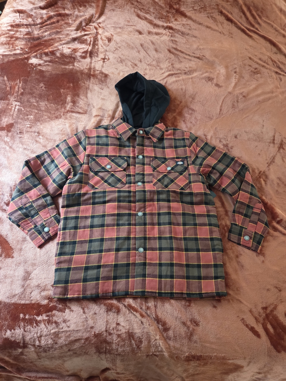 Dickies Red and Black Plaid Hooded Puffer Coat